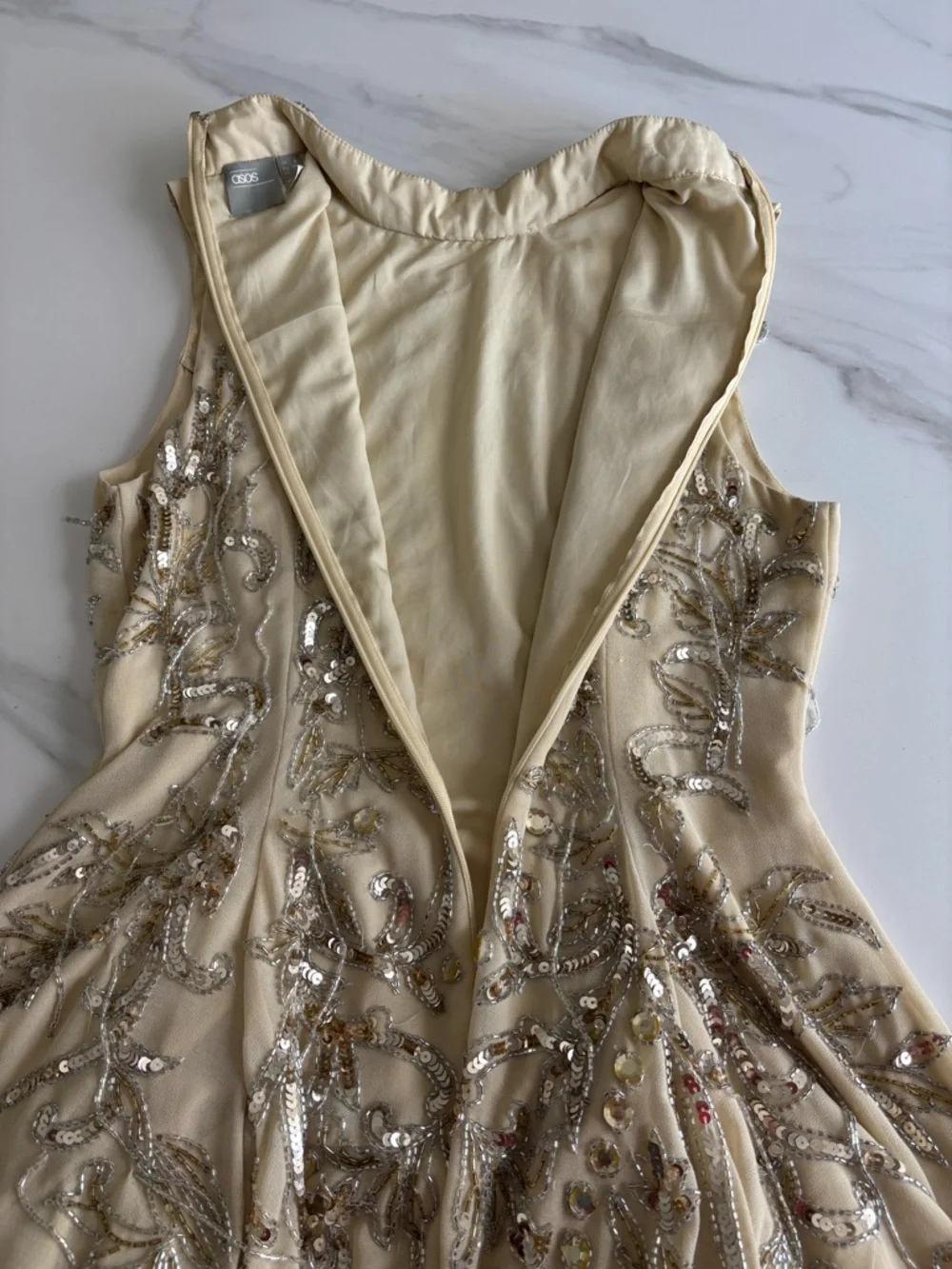 ASOS Cream Mini Dress with Gold Sequin Bead Embroidery Sz 4 - Picture 14 of 14